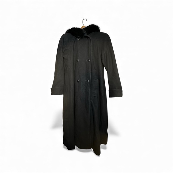 Vintage 90s DONNYBROOK Womens Full Length Wool Hooded Coat Rabbit Fur Trim Hood